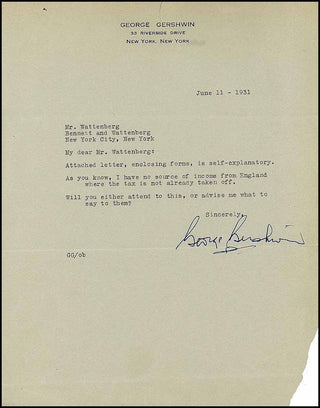 Gershwin, George. (1898–1937) Signed Letter regarding his English Taxes