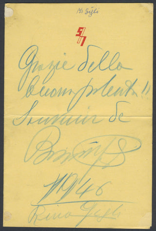 Gigli, Beniamino. (1890–1957) Signed Savoy Menu - "thanks for the good polenta!"