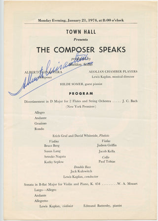 Ginastera, Alberto. (1916–1983) The Composer Speaks - Signed Town Hall Program, 1974, view 1