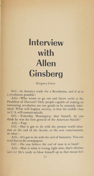 [Pacifism] Ginsberg Allen, Corso Gregory, Meltzer David, Snyder Gary, McClure Michael, Bysshe Shelley Percy, Merton Thomas, Burroughs William S.[Bidart, Frank. (b.1939)] "Journal for the Protection of All Beings No. 1"