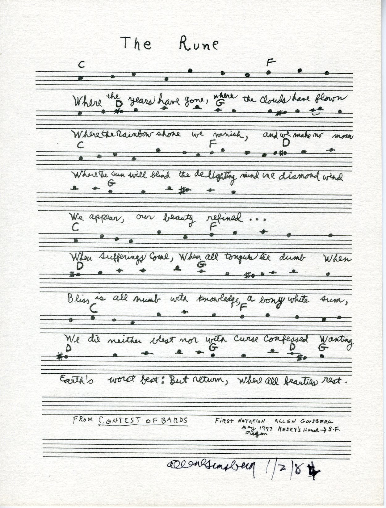 Ginsberg, Allen. (1926-1997) The Rune - SIGNED POSTCARD MUSICAL SCORE ...
