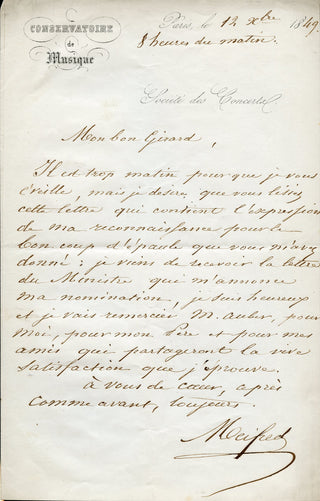 [French Composers and Musicians] [Narcisse GIRARD (1797-1860)] Auber, Boieldieu, Cherubini, Halévy, Isouard, Scribe, Thomas, etc. Important Collection of Letters to the Conductor/Composer Narcisse Girard