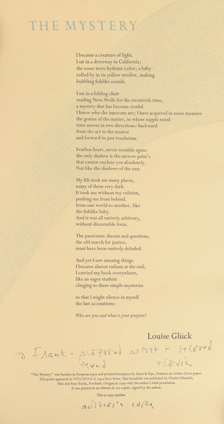 Glück, Louise. (1943-2023) [Bidart, Frank. (b. 1939)] The Mystery [from Vita Nova] [broadside] - INSCRIBED TO FRANK BIDART