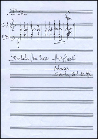 Górecki,  Henryk.(b. 1933) "Vivat Vera Vivat Neues Jahr" - Autograph Musical Quotation Written On New Year's Eve, 1994