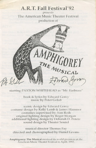 Gorey, Edward. (1925-2000) & Golub, Peter. (b. 1952) AMPHIGOREY. THE MUSICAL - Signed Program