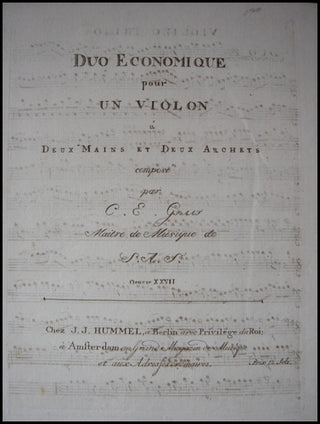 Graaf, Christian Ernst. (1723-1804) Duo Economique pour Un Violon a Deux Mains et Deux Archets. Oeuvre XXVII.