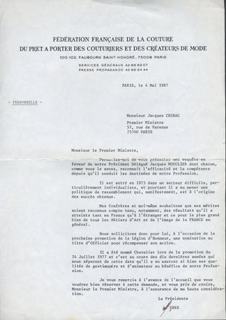 Madame Grès. (1903–1993) Typed Letter Signed to Jacques Chirac