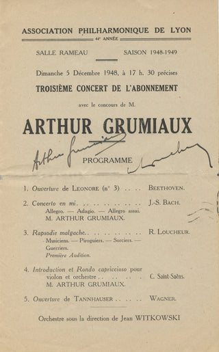 Grumiaux, Arthur. (1921–1986) & Witkowski, Jean. (1895–1953) Signed Program