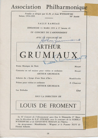 Grumiaux, Arthur. (1921–1986) & de Froment, Louis. (1901–1994) Signed Program