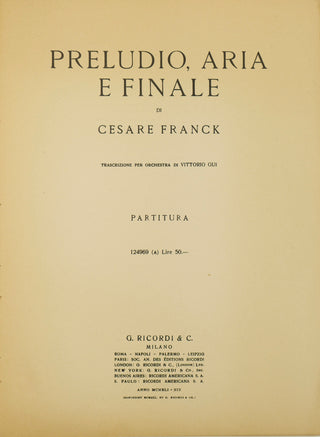 Gui, Vittorio. (1885–1975) [Mitropoulos, Dimitri. (1896–1960)] Franck, César.  (1822–1890) "Preludio, Aria e Finale" – Inscribed by Gui to Mitropoulos