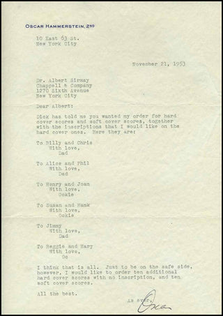 Hammerstein, Oscar.  (1895-1960) Signed Letter ordering Inscribed Copies of scores for his Children and Friends