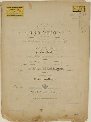 Haslinger, Tobias. (1787–1842) Sonatine [in C major] im leichten und angenehmen Style für das Piano-Forte mit Begleitung einer Violine... 2tes Heft Dritte Auflage