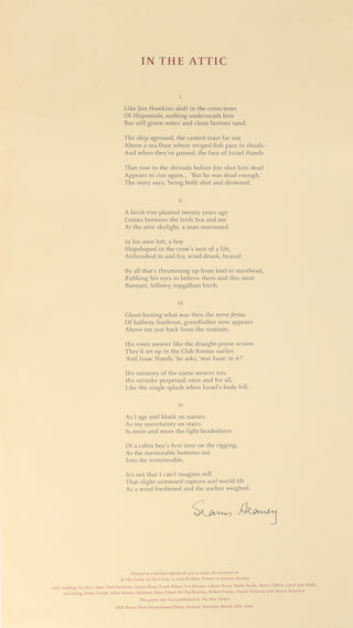 Heaney, Seamus. (1939 - 2013) "In the Attic" - Signed Poetry Broadside