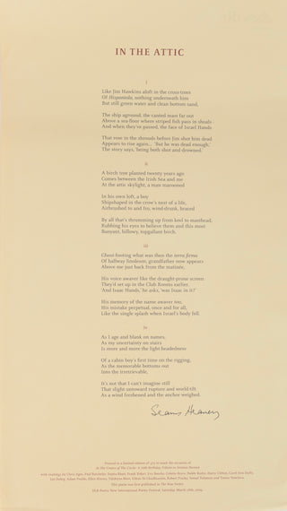 Heaney, Seamus. (1939–2013) "In the Attic" - Signed Poetry Broadside