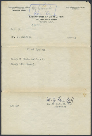 [Heifetz, Jascha. (1901–1987)] Statement of Blood Type