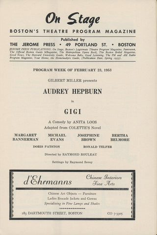 [Hepburn, Audrey. (1929–1993)] "Gigi" - Original 1953 Stage Program