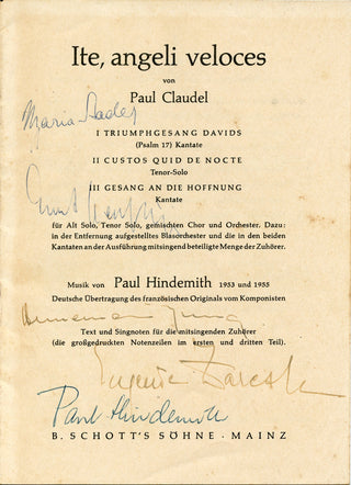 Hindemith, Paul. (1895-1963) "Ite, angeli veloces"  - Signed Partbook