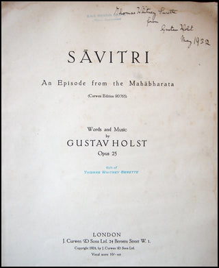 Holst, Gustav. (1874 - 1934) Savitri. Op. 25 - SIGNED