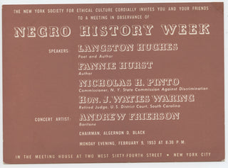 Hughes, Langston. (1902- 1967) INVITATION TO THE 1953 NEGRO HISTORY WEEK MEETING AT THE NEW YORK SOCIETY FOR ETHICAL CULTURE