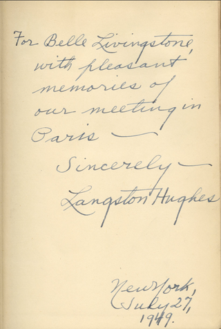 Hughes, Langston. (1901–1967); Lawrence, Jacob. (1917–2000) [Illustrations] [Livingston, Belle. (1875 - 1957)] “One-Way Ticket” - Inscribed to NY's "Speakeasy Queen" Belle Livingston