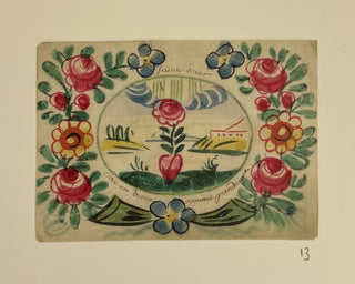 [Devotional Prayer Cards] Handpainted Devotional Prayer Card - Landscape with Heart and Floral Border, ca. 1820, view 1