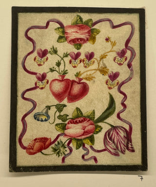 [Devotional Prayer Cards] Handpainted Devotional Prayer Card - Two Hearts among Roses and Pansies, ca. 1820, view 1