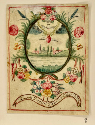 [Devotional Prayer Cards] Handpainted Devotional Prayer Card - Dove and Heart above a Landscape, with Latin Banderole, ca. 1820, view 1
