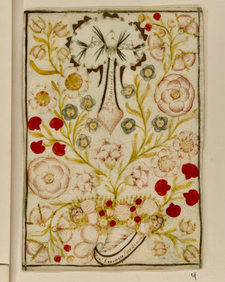 [Devotional Prayer Cards] Handpainted Devotional Prayer Card - Holy Spirit above a Heart amid Flowering Vines, ca. 1820, view 1