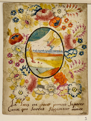[Devotional Prayer Cards] Handpainted Devotional Prayer Card - Landscape Vignette with French Motto, ca. 1820, view 1