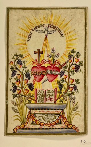 [Devotional Prayer Cards] Handpainted Devotional Prayer Card - Veni Lumen Cordium, with Two Hearts and AMDG, ca. 1820, view 1