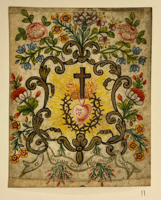 [Devotional Prayer Cards] Handpainted Devotional Prayer Card - Cross and Sacred Heart in a Cartouche, ca. 1820, view 1