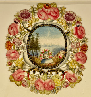 [Devotional Prayer Cards] Handpainted Devotional Prayer Card - Floral Wreath with Landscape, ca. 1820, view 1