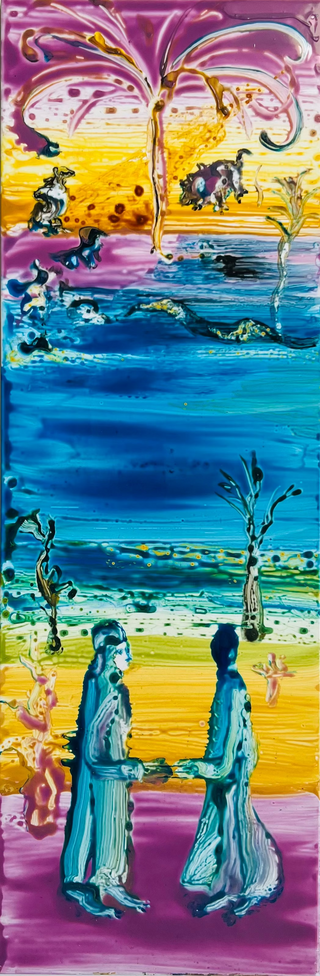 Skaya, Shura. The Meeting, 2025. 8"x 24" Mixed media on porcelain