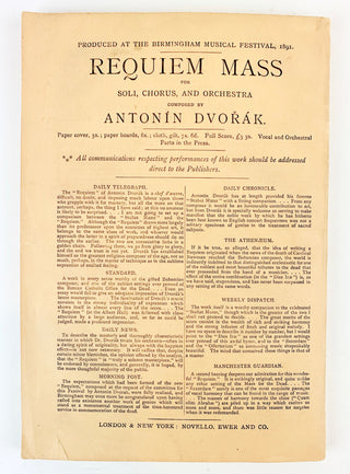 Dvorák, Antonín Leopold . (1841 - 1904) Requiem Mass for Soli, Chorus, and Orchestra... (Op. 89) - SIGNED SCORE
