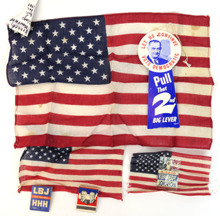 [Kennedy, John F. (1917–1963) & Johnson, Lyndon B. (1908 - 1973) & Humphrey, Hubert. (1911-1978)] Ephemera Collection including JFK Mourning Flags and Pin, LBJ Pins, Doortag and Matchbooks