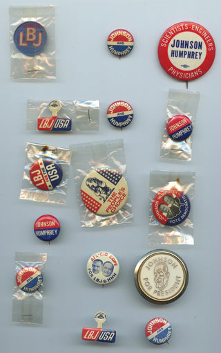 [Kennedy, John F. (1917–1963) & Johnson, Lyndon B. (1908 - 1973) & Humphrey, Hubert. (1911-1978)] Ephemera Collection including JFK Mourning Flags and Pin, LBJ Pins, Doortag and Matchbooks