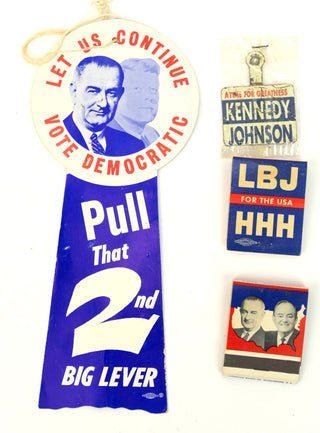 [Kennedy, John F. (1917–1963) & Johnson, Lyndon B. (1908 - 1973) & Humphrey, Hubert. (1911-1978)] Ephemera Collection including JFK Mourning Flags and Pin, LBJ Pins, Doortag and Matchbooks