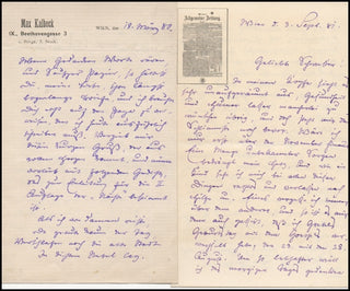 Kalbeck, Max. (1850-1921) 2 Interesting Letters and Short Autograph Manuscript