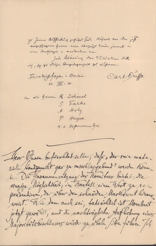 [Literature & Art] [German Literature] Busse, Carl. (1872-1918) & Dehmel, Richard. (1863-1920) & Falke, Gustav. (1853-1916) & Holz, Arno. (1863-1929) Heyse, Paul. (1830-1914) & von Hofmannsthal, Hugo. (1874-1929) Autograph Document of the Kartell Lyrische