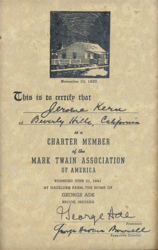 [Kern, Jerome. (1885–1945)] Ade, George. (1866 – 1944) Mark Twain Association Membership Certificate