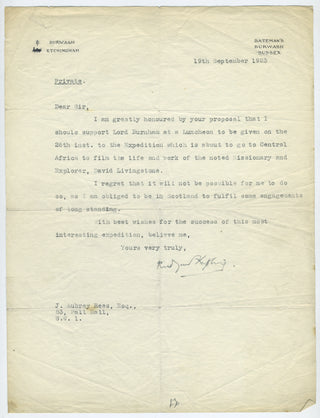 Kipling, Rudyard. (1865–1936) [Livingstone, David. (1813–1873)] Typed Letter Signed regarding "the Expedition which is about to go to Central Africa to film the life and work of the noted Missionary and Explorer, David Livingstone"