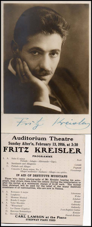 Kreisler, Fritz. (1875–1962) Signed Photograph in "Aid of Destitute Musicians."