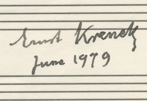 Krenek, Ernst. (1900–1991) "Echos [sic] from Austria" - Autograph musical quotation signed