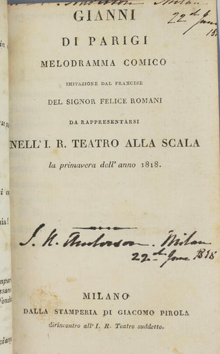[Italian Opera Libretti] Da Ponte, Lorenzo. (1749–1838) & Romani, Felice. (1788–1845) & Ferretti, Jacopo. (1784–1852) & Rossi, Gaetano. (1774–1855) & Sorrentino, Giuseppe. (1807–1833) & Romanelli, Luigi. (1751–1839) etc. [Printed Italian opera and ballet