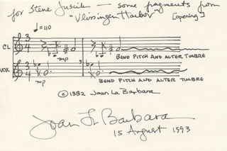 La Barbara, Joan. (b. 1947) "Vlissingen Harbor" - Autograph musical quotation signed