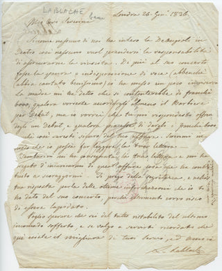 Lablache, Luigi.  (1794–1858) [Severini, Carlo. (1793–1838)] Autograph Letter to Severini