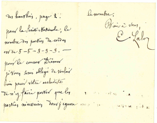 Lalo, Edouard. (1823 -1892) Autograph Letter to Colonne