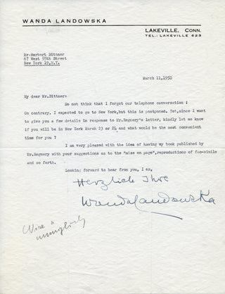 Landowska, Wanda. (1879–1959) Five Signed Letters or Statements