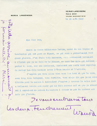 Landowska, Wanda. (1879–1959) Partially Autograph Letter-  "no one else are capable of rendering the intimate ties between human existence and the artist."