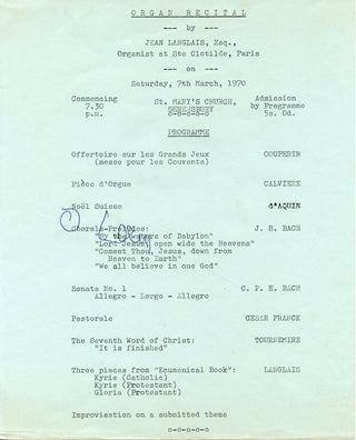 Langlais, Jean. (1907-1991) Signed 1970 Concert Program